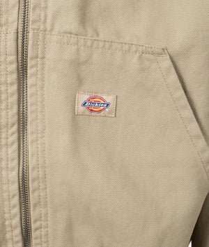 Dc Hooded Lightweight Jacket in Sandstone by Dickies. EQVVS Detail Shot.