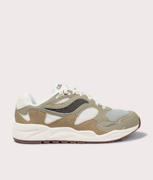 Grid Shadow 2 Sneakers in Sand and Sage by Saucony. EQVVS Side Angle Shot.