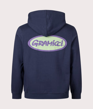 Gramicci Oval Hoodie in Navy. Back angle shot at EQVVS.