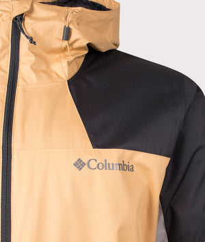 Columbia Inner Limits III Waterproof Hiking Jacket in Light Camel Shark Black and Flint Grey, 100% Polyester Detail Shot at EQVVS