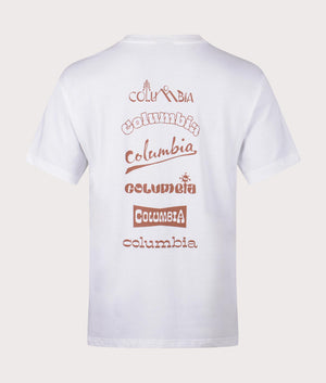 olumbia Burnt Lake Graphic T-Shirt in 100 White Branded Jumble back logo shot at EQVVS