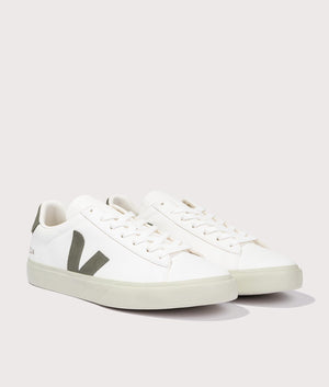 VEJA Campo Chromefree Leather Trainers in White and Khaki Angle Shot at EQVVS