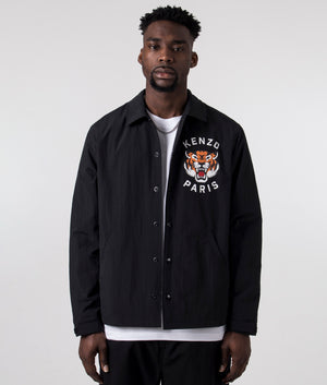 KENZO Lucky Tiger Quilted Coach Jacket in Black with Back Print , 100% Shop the brand at EQVVS, menswear designer retailer based in Lincoln, UK. Next day delivery available. Front Unbuttoned Shot at EQVVS