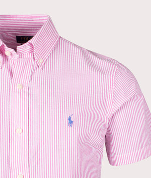 Custom Fit Short Sleeve Lightweight Stripe Shirt in Rose White by Polo Ralph Lauren. EQVVS Detail Shot.
