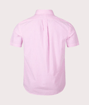 Custom Fit Short Sleeve Lightweight Stripe Shirt in Rose White by Polo Ralph Lauren. EQVVS Back Angle Shot.