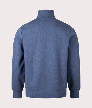 Double-Knit Quarter Zip Sweatshirt in Derby Blue Heather by Polo Ralph Lauren. EQVVS Back Angle Shot.