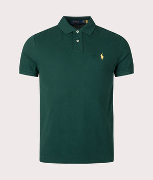 Custom Slim Fit Mesh Polo Shirt in Moss Agate by Polo Ralph Lauren. EQVVS Front Angle Shot.