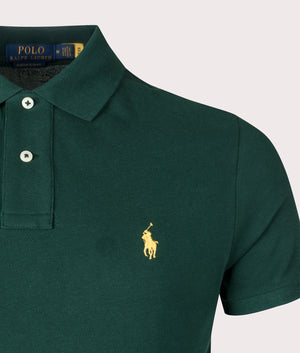Custom Slim Fit Mesh Polo Shirt in Moss Agate by Polo Ralph Lauren. EQVVS Detail Shot.