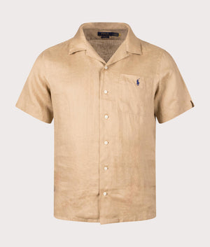 Linen Short Sleeve Shirt in Vintage Khaki by Polo Ralph Lauren. EQVVS Front Angle Shot.