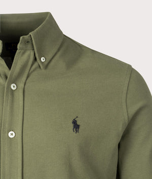 Polo Ralph Lauren Featherweight Mesh Shirt in Dark Sage Green, 100% Cotton Detail Shot at EQVVS