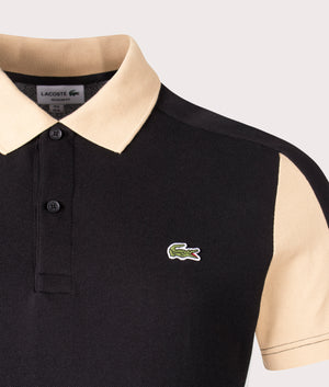 Lacoste Cotton Piqué Colourblock Polo Shirt in Black, Croissant Yellow and Flour White, 100% Cotton Detail Shot at EQVVS 