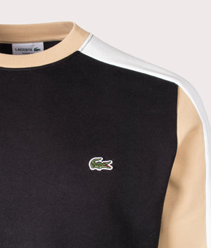 Lacoste Brushed Fleece Colourblock Sweatshirt in Black, Croissant Yellow and Flour White Detail Shot at EQVVS