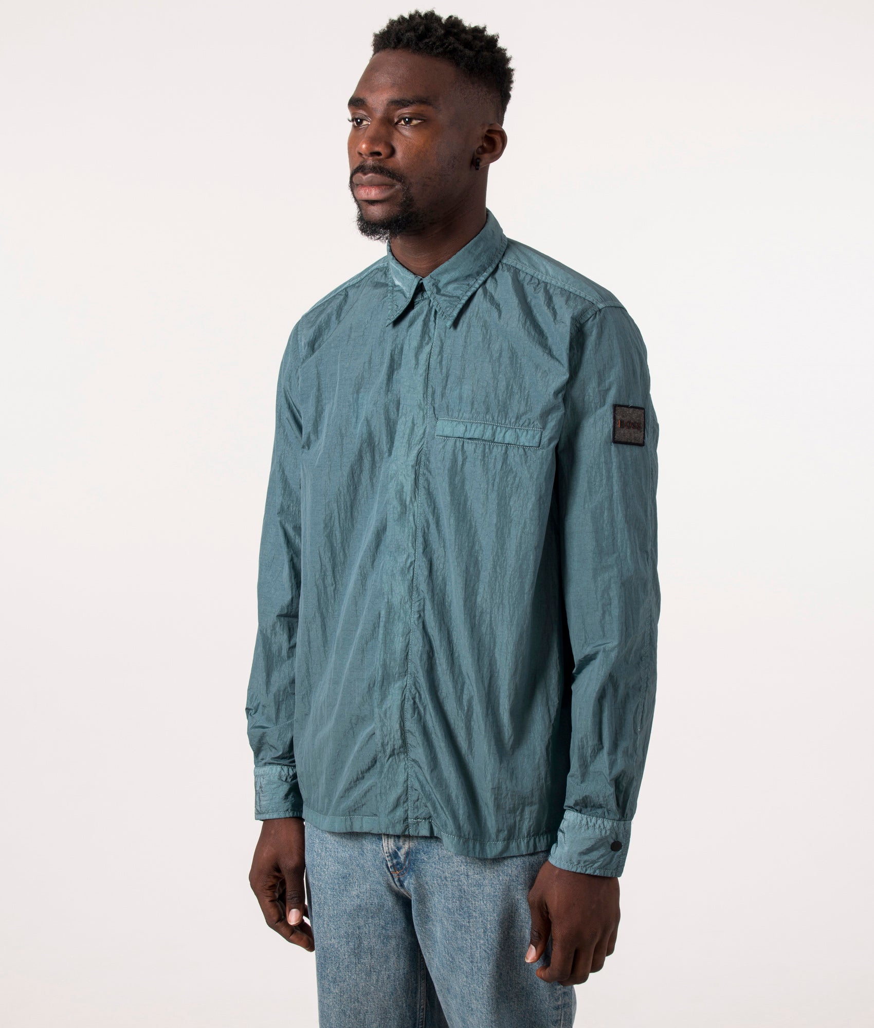 Garment-Dyed Laio Crinkled Overshirt in Open Green | BOSS | EQVVS 