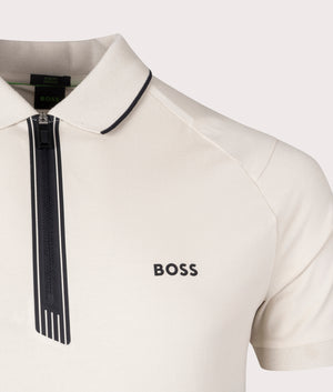 BOSS Philix Zip Plaquet Polo Shirt in Light Beige Detail Shot EQVVS
