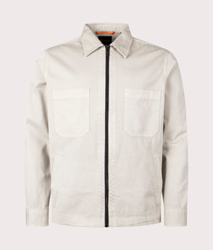 Luddy Zip Through Overshirt in Light Beige by Boss. EQVVS Front Angle Shot.
