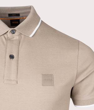 BOSS Slim Fit Passertip Polo Shirt in Open Brown Detail Shot at EQVVS