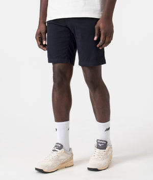 Slim Fit Chino Shorts in Dark Blue by Boss. EQVVS Side Angle Shot.