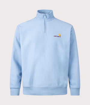 Carhartt WIP Relaxed Fit Quarter Zip American Script Sweatshirt in Frosted Blue Front Shot at EQVVS