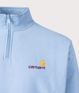 Carhartt WIP Relaxed Fit Quarter Zip American Script Sweatshirt in Frosted Blue Detail Shot at EQVVS