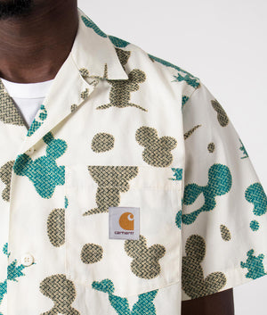 Carhartt WIP Short Sleeve Opus Shirt in Opus Print -Khaki and Teal-and Wax, 100% Cotton. Detail Model Shot at EQVVS