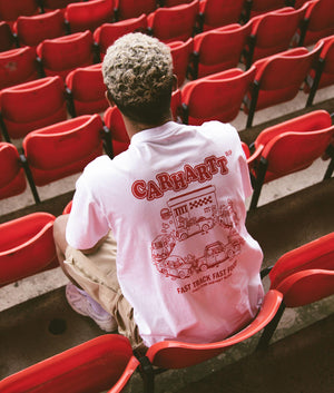 Carhartt WIP Relaxed Fit Fast Food T-Shirt in White with Red Back Print, 100% Organic Cotton Campaign Shot at EQVVS