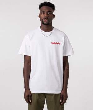 Carhartt WIP Relaxed Fit Fast Food T-Shirt in White with Red Back Print, 100% Organic Cotton Front Model Shot at EQVVS