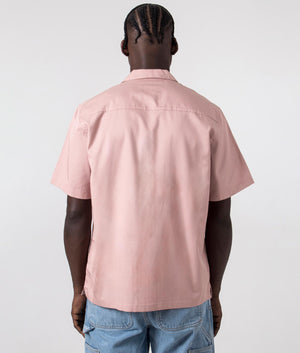 Carhartt WIP Short Sleeve Delray Shirt in Glassy Pink with Black Branding. back Shot at EQVVS