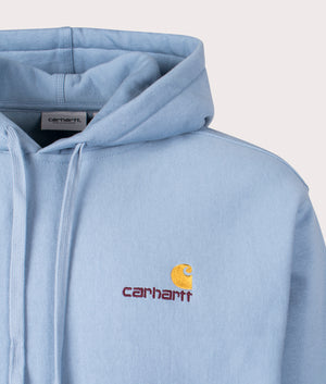 Carhartt WIP Relaxed Fit American Script Hoodie in Frosted Blue Detail Shot at EQVVS