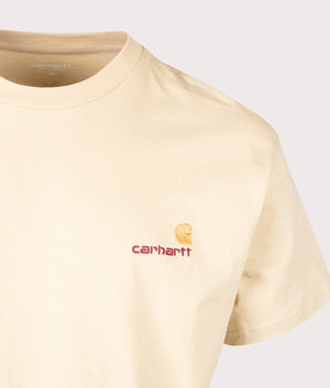 Carhartt WIP Relaxed Fit American Script T-Shirt in Rattan Yellow Detail Shot EQVVS 