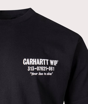 Carhartt WIP Relaxed Fit Less Troubles T-Shirt in Black with White Back Print, 100% Cotton Detail Shot at EQVVS