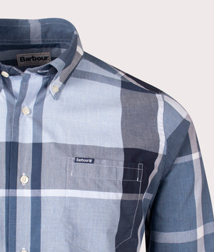 Barbour Lifestyle Harris Shirt Tailored Shirt in Berwick Blue Tartan 100% Cotton Detail Shot at EQVVS