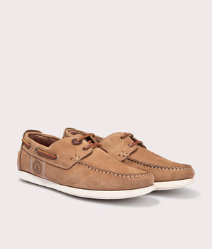Barbour Wake Boat Shoes in Taupe, 50% Leather and Suede Angle Shot at EQVVS