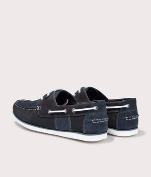Barbour Wake Boat Shoes in Blue & Black, 50% Leather and Suede Back Shot at EQVVS