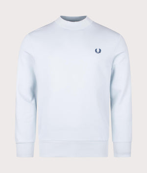 Fred Perry Laurel Wreath Graphic High Neck Sweatshirt in Light Ice with large logo detailing. Front angle shot at EQVVS.