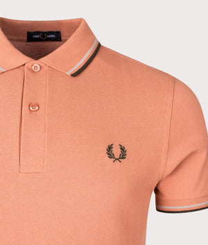 Twin Tipped Polo Shirt in Light Rust/Warm Grey/Night Green by Fred Perry. EQVVS Detail Shot.