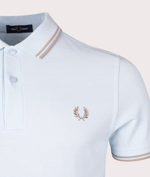 Twin Tipped Fred Perry Polo Shirt in Light Ice. EQVVS Detail Shot.