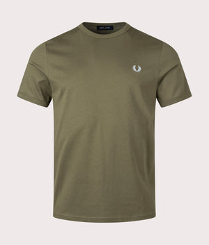 Ringer T-Shirt in Uniform Green by Fred Perry. EQVVS Front Angle Shot.