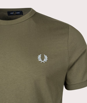 Ringer T-Shirt in Uniform Green by Fred Perry. EQVVS Detail Shot