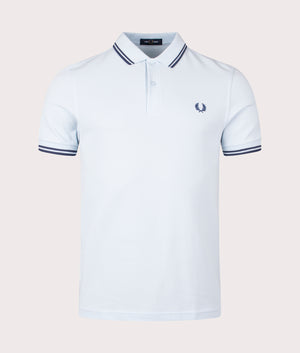 Twin Tipped Fred Perry Shirt in Light Ice/Midnight Blue. EQVVS Front Angle Shot.