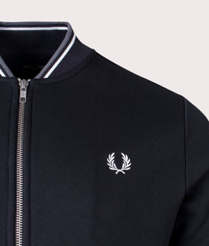 Fred Perry Zip Through Bomber Jacket in Black Detail Shot EQVVS