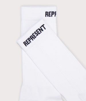 REPRESENT Core Sock in White with Black REPRESENT Branding Detail Shot at EQVVS