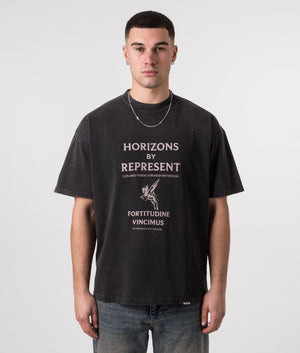 REPRESENT Horizons T-Shirt in Aged Black with Pegasus Front Print Model Front Shot EQVVS