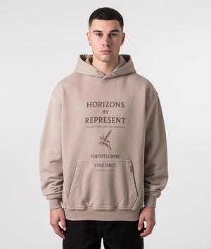 Represent Horizons Hoodie in Washed Taupe with Front Print Model Front Shot at EQVVS
