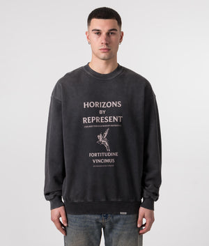 REPRESENT Horizons Sweatshirt in Aged Black with Pegasus Front Print Model Front Shot at EQVVS