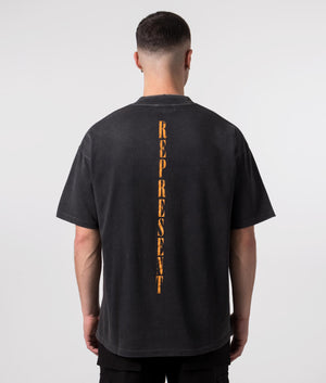 REPRESENT Reborn T-Shirt in Aged Black with Front and Back Print Model Back Shot EQVVS