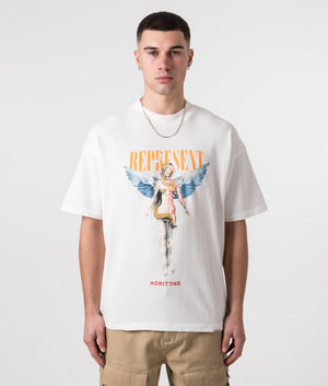 REPRESENT Reborn T-Shirt in Flat White with Front and Back Print Model Front Shot EQVVS