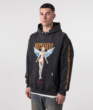 REPRESENT Reborn Hoodie in Aged Black with Front Print Model Front Angle Shot at EQVVS