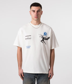 REPRESENT Icarus T-Shirt in Flat White With Graphic Design & Back Print Model Front Shot at EQVVS