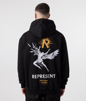 REPRESENT Icarus Hoodie in Jet Black with Icarus Front and Back Print Model back Shot at EQVVS