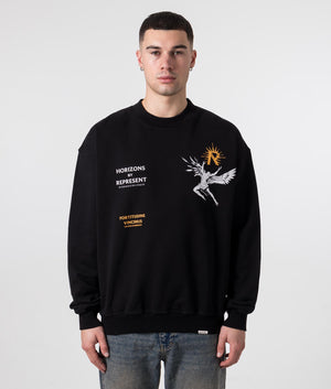 REPRESENT Icarus Sweatshirt in jet Black with Icarus Print Model Front Shot at EQVVS